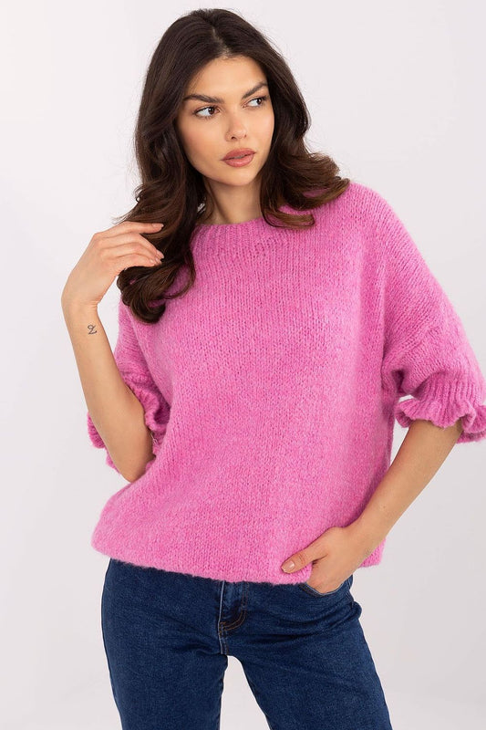 Elegant women's sweater from Italy Moda featuring delicate ruffle sleeves, crafted in a soft acrylic-wool blend, ideal for sophisticated everyday wear.