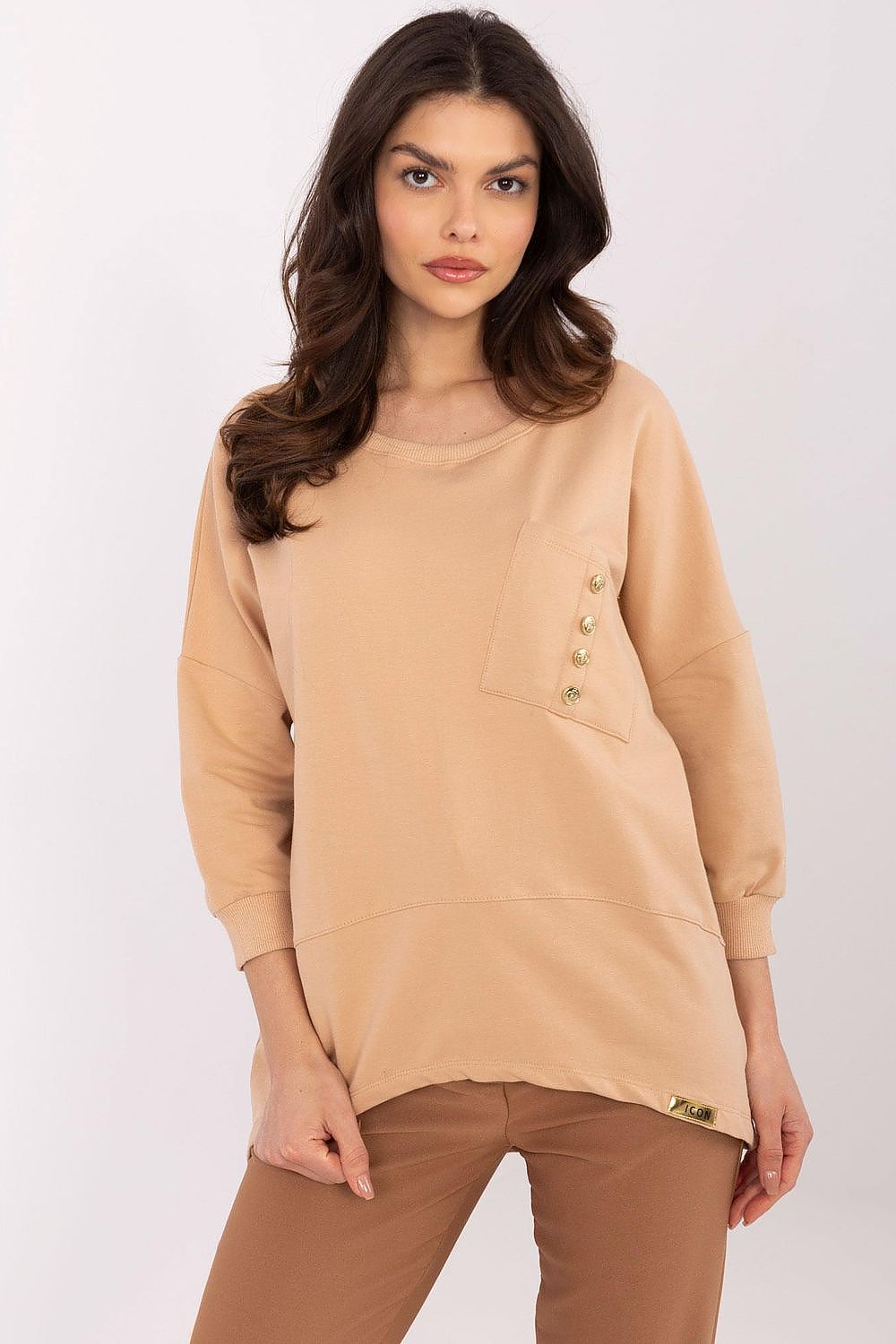 Elegant everyday cotton blouse with 3/4 sleeves, featuring a stylish pocket and decorative buttons by Factory Price.