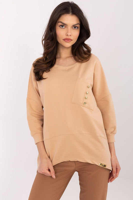 Elegant everyday cotton blouse with 3/4 sleeves, featuring a stylish pocket and decorative buttons by Factory Price.