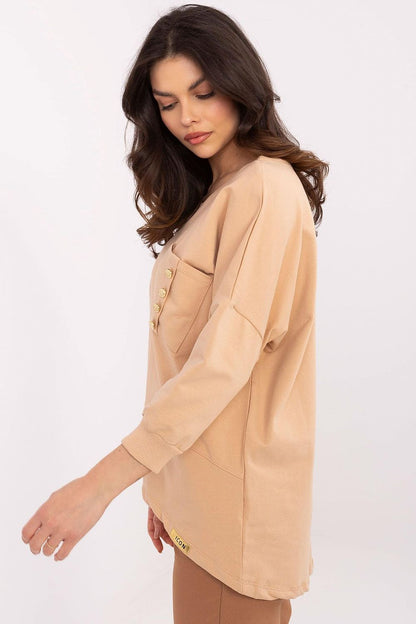 Model showcasing the elegant cotton blouse with 3/4 sleeves and pocket, available in sizes S to XL from Factory Price.