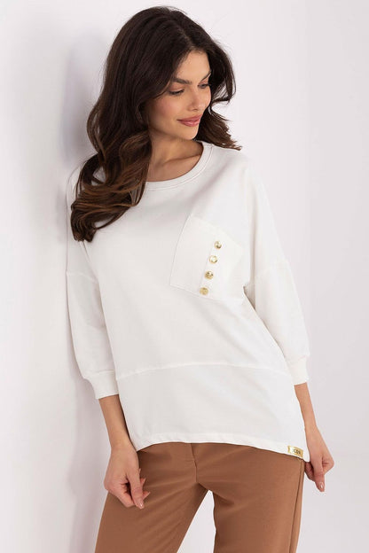 Stylish cotton blouse perfect for casual or elegant styling, featuring a round neckline and 3/4 sleeves by Factory Price.