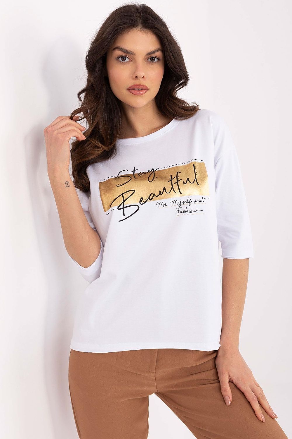 Elegant casual women's blouse by Factory Price, crafted from premium cotton and spandex, featuring stylish inscriptions and decorative studs on a standard length design.