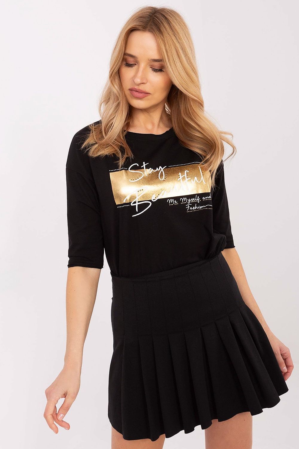 Factory Price luxurious women's blouse in cotton and spandex, displaying a unique design with inscriptions and a flattering silhouette, ideal for casual styling.