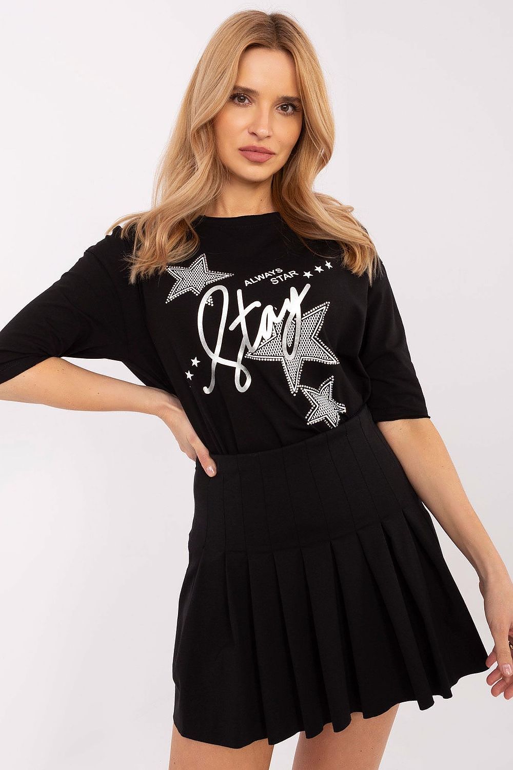 Stylish round neckline blouse made of high-quality cotton and elastane by Factory Price, showcasing fashionable prints and elegant detailing.