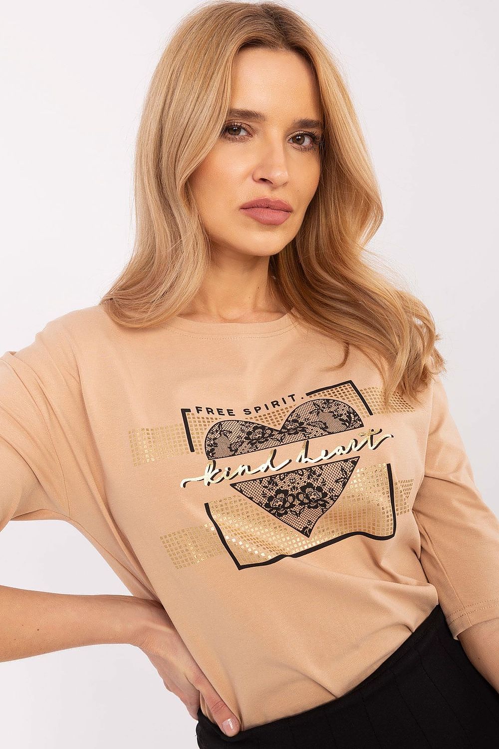 Stylish 3/4 sleeve cotton blouse by Factory Price, adorned with contemporary prints, perfect for elevating your everyday wardrobe.