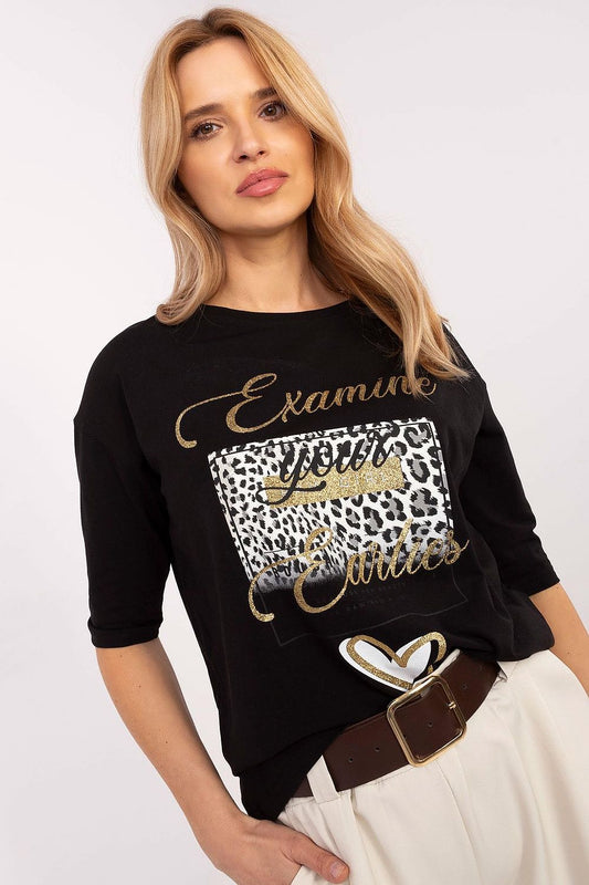 Elegant animal print motif cotton blend blouse by Factory Price, featuring 3/4 sleeves and a chic round neckline, perfect for casual or formal occasions.