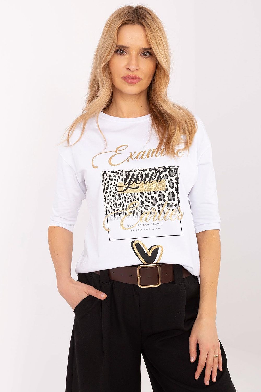 Stylish cotton blend blouse with animal print motif, 3/4 sleeves and round neckline, by Factory Price, perfect for luxury casual wear.