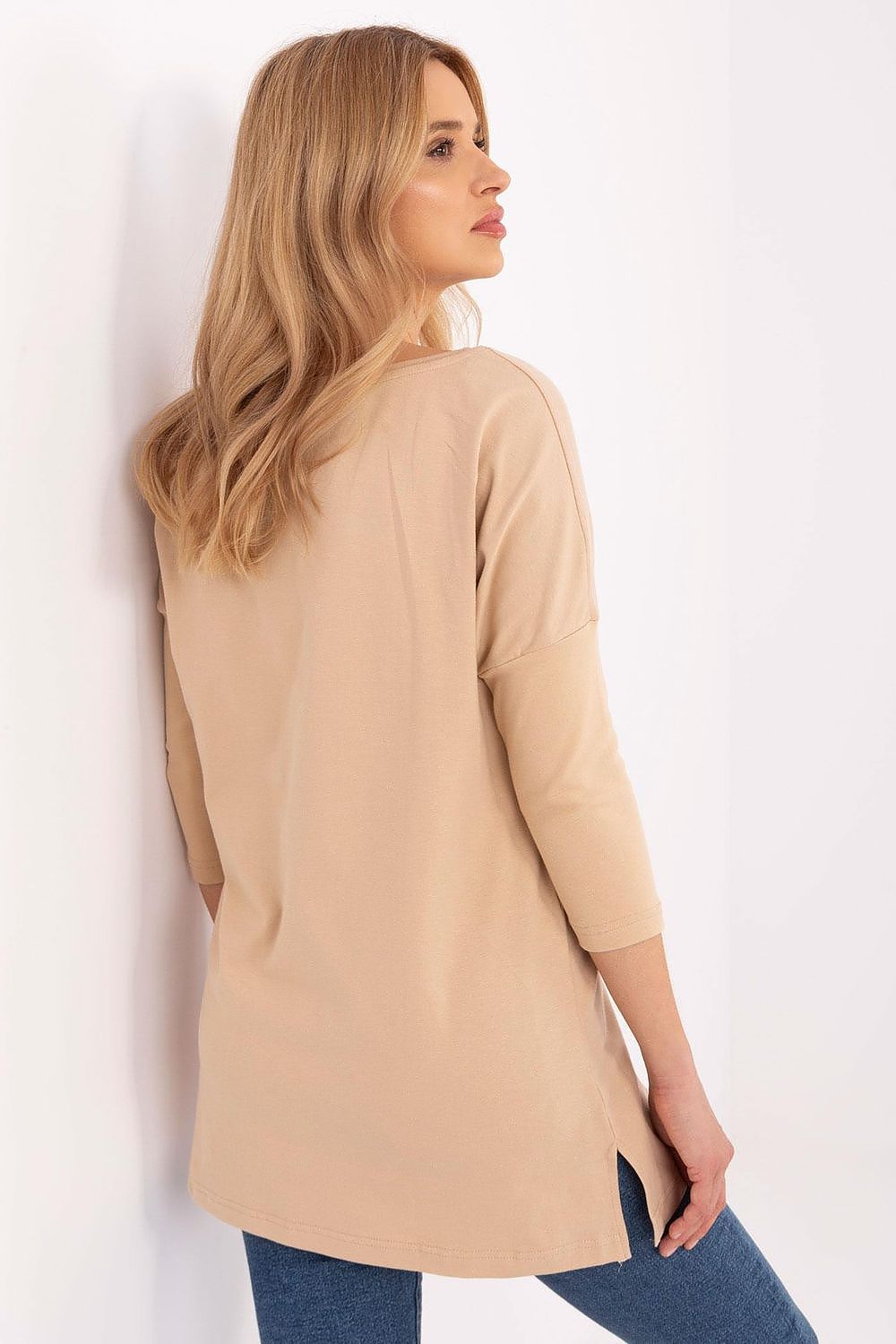 Luxurious 3/4 sleeve blouse featuring a chic round neckline and animal print design, made by Factory Price for a sophisticated look.