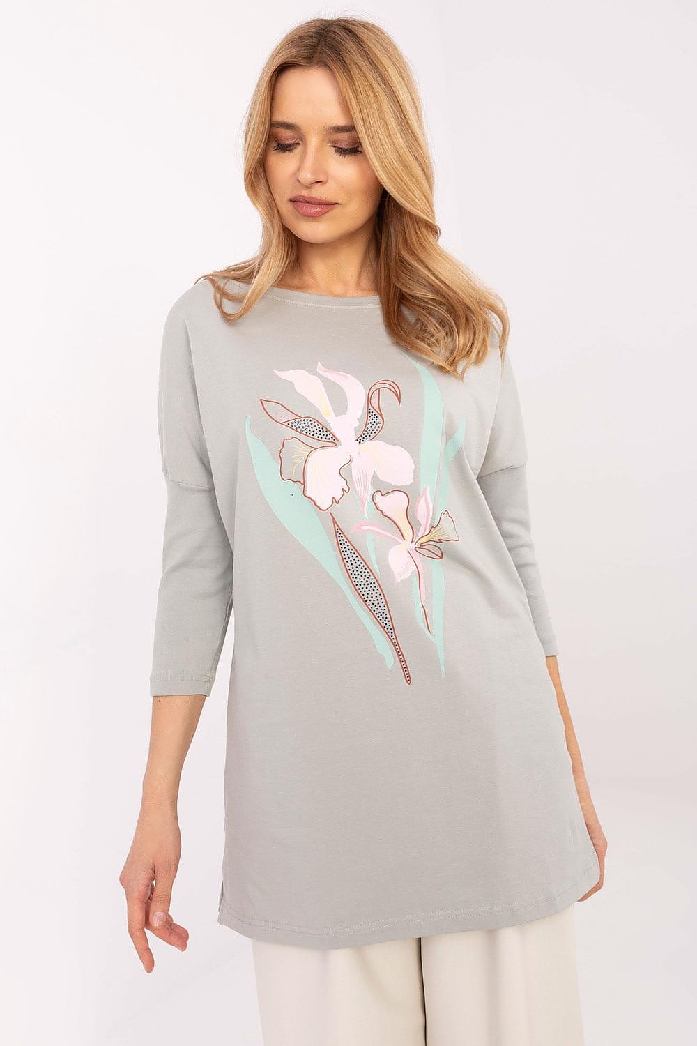 Elegant Floral Print Blouse in high-quality cotton blend, featuring 3/4 sleeves and soft floral design, by Factory Price. Perfect for a luxurious casual look in sizes S to XL.