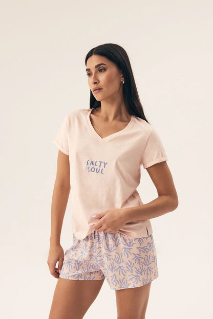 Elegant Women's Pajama Set by Henderson, featuring a soft cotton V-neck blouse and trendy print shorts, perfect for luxurious comfort and stylish homewear.