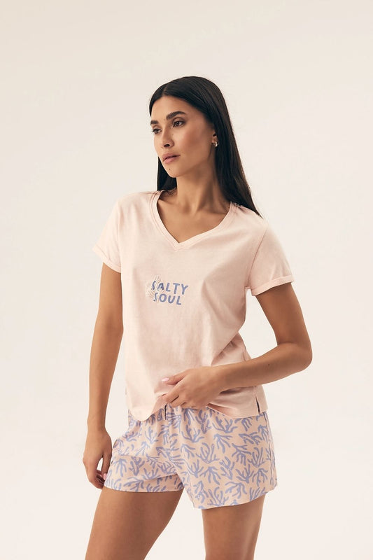 Elegant Women's Pajama Set by Henderson, featuring a soft cotton V-neck blouse and trendy print shorts, perfect for luxurious comfort and stylish homewear.