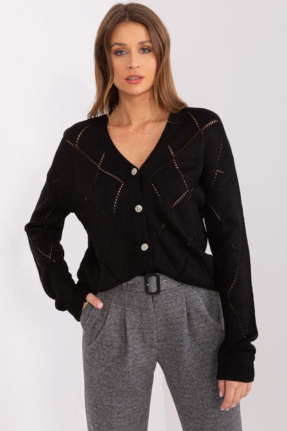Elegant women's cardigan by Rue Paris featuring a delicate lace pattern and V-neck design, crafted from a luxurious acrylic and wool blend.