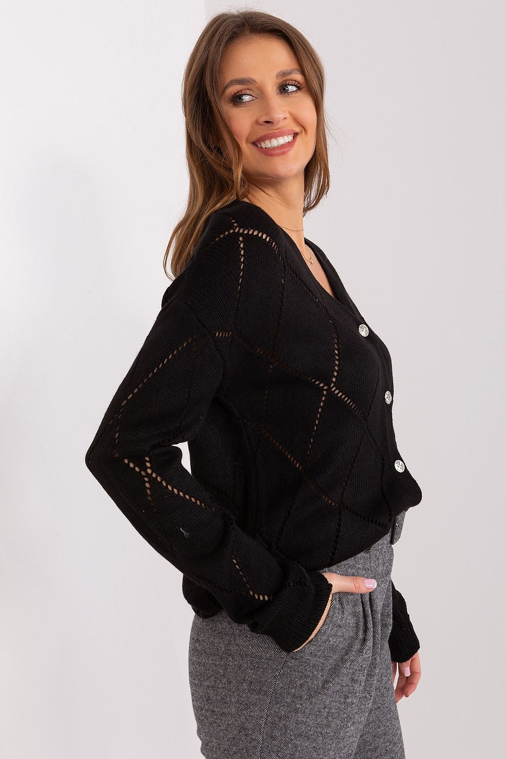 Stylish Rue Paris cardigan for women, showcasing a chic lace detail and versatile V-neck, perfect for a sophisticated casual look.