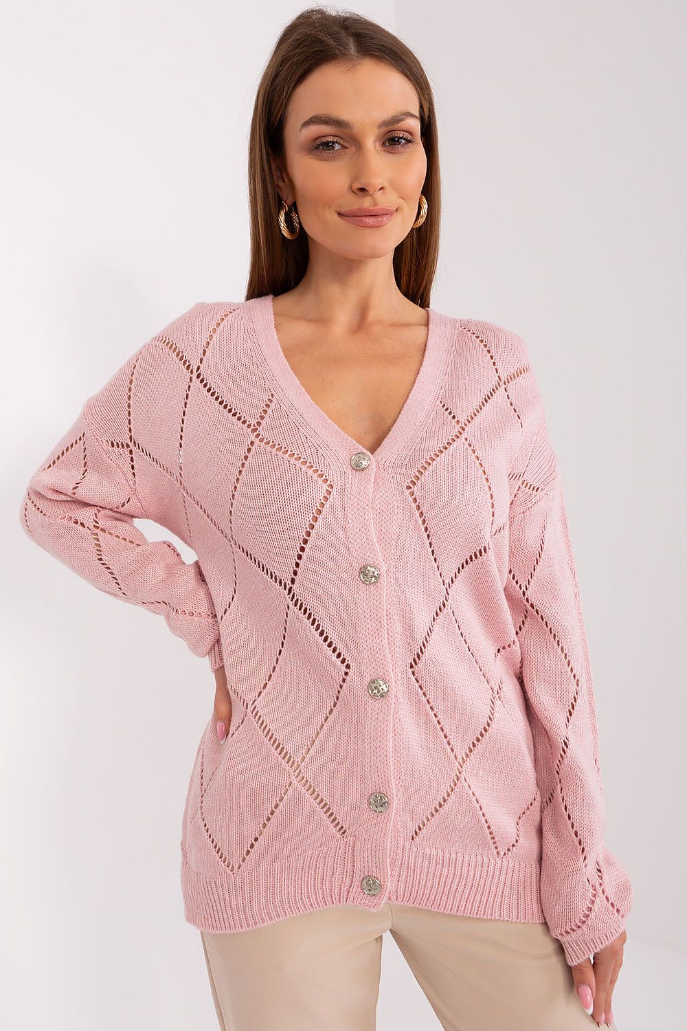 Chic and elegant V-neck cardigan by Rue Paris with lace accents, an essential piece for stylish women's wardrobes in cooler weather.