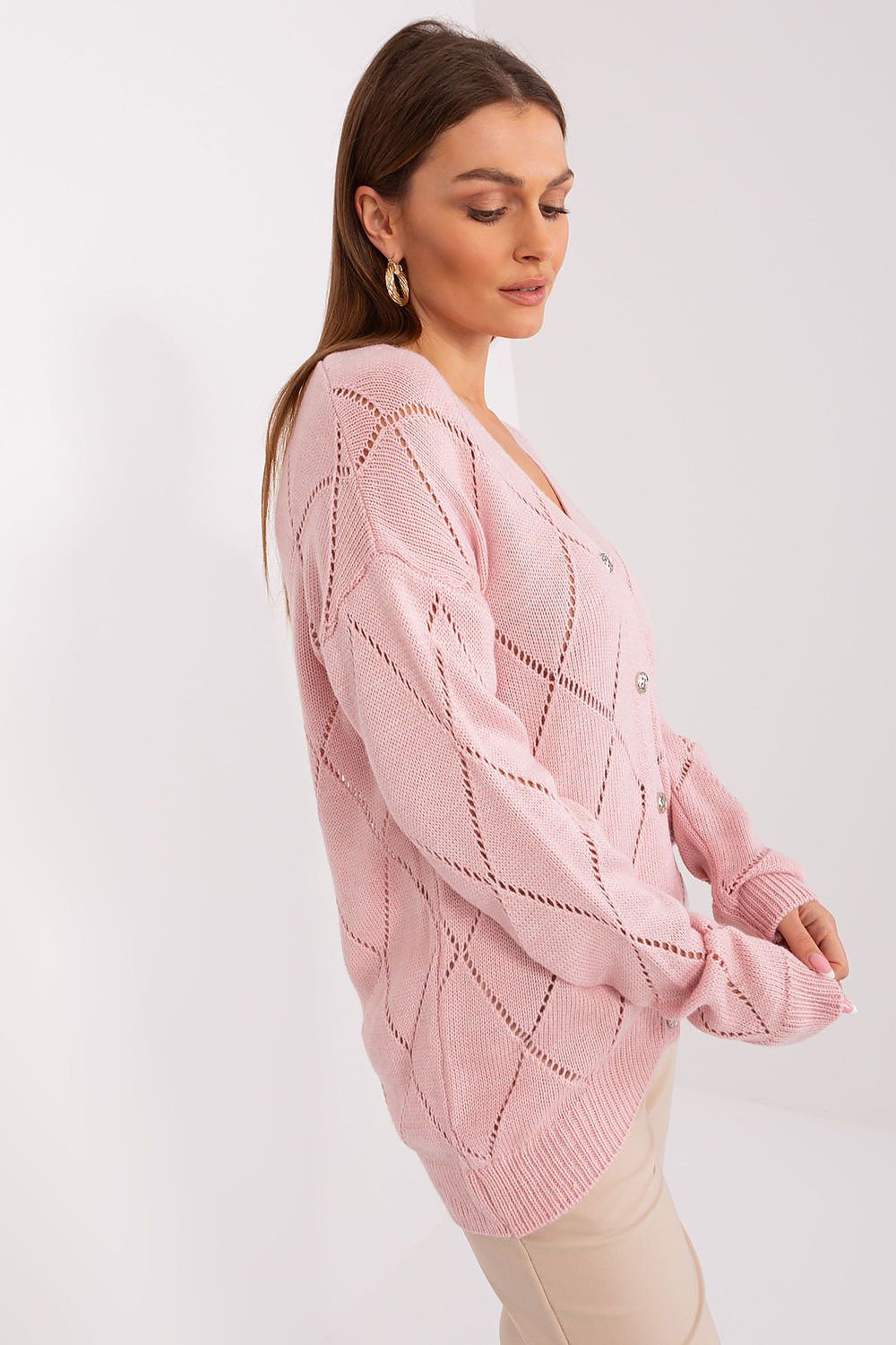 Elegant women's cardigan from Rue Paris featuring a delicate lace pattern and V-neck design, crafted from a luxurious acrylic and wool blend, perfect for stylish layering.