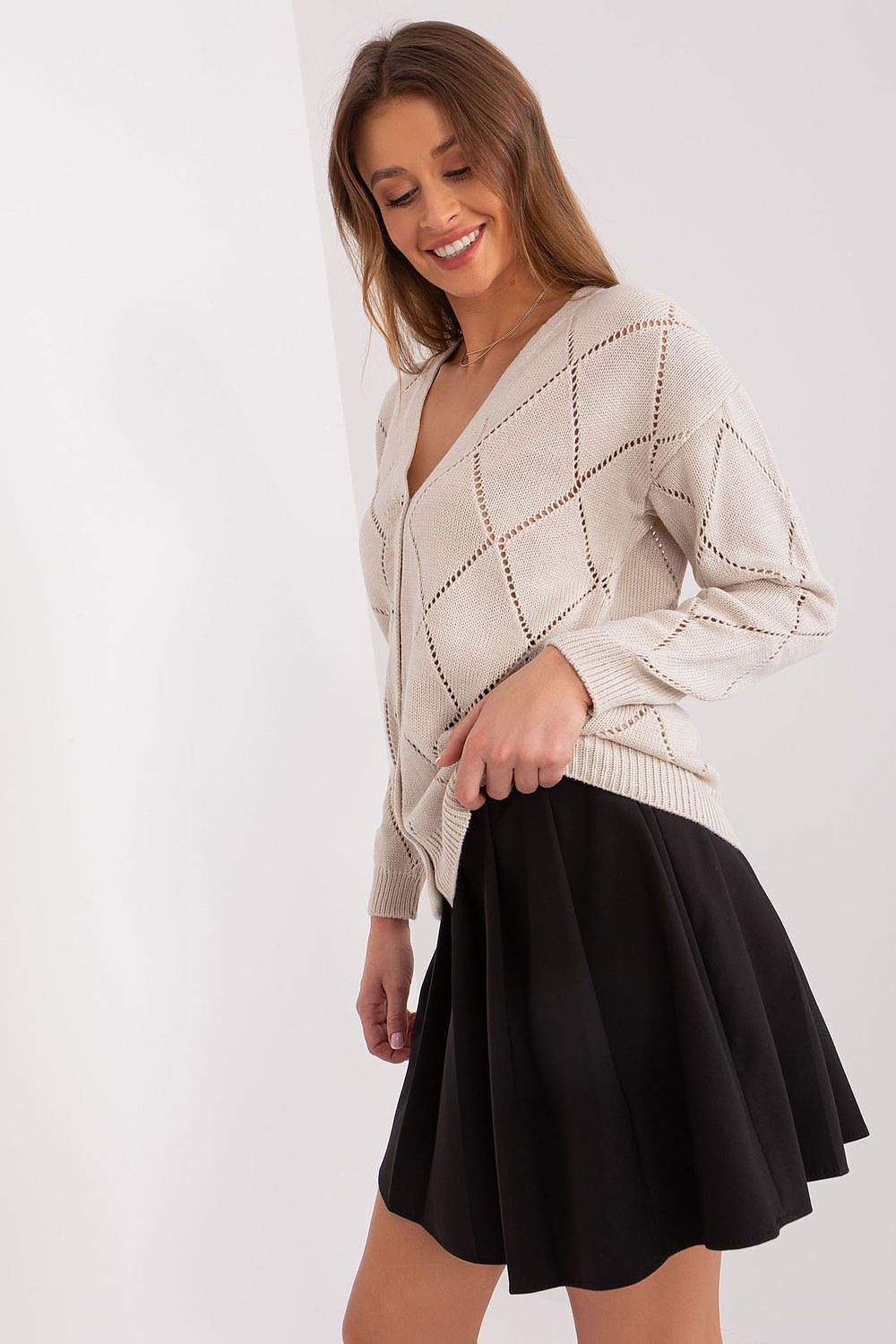Luxe acrylic and wool blend cardigan by Rue Paris, showcasing intricate lace design and elegantly tailored fit for women.