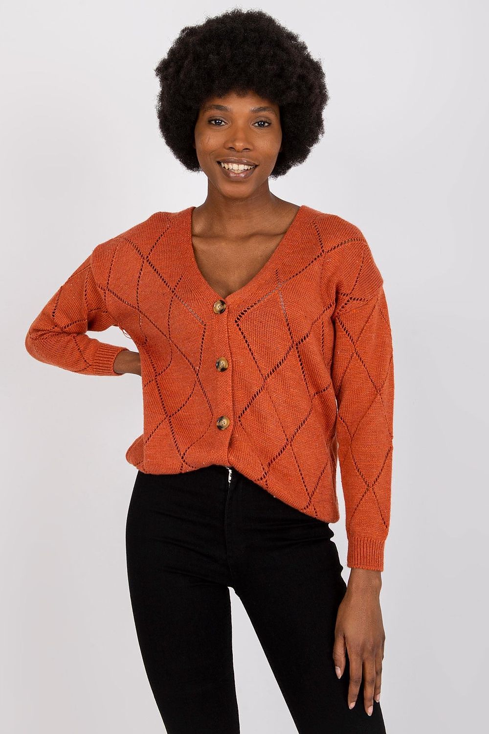 V-neck cardigan for women by Rue Paris, highlighting a beautiful lace pattern that adds sophistication to any outfit.