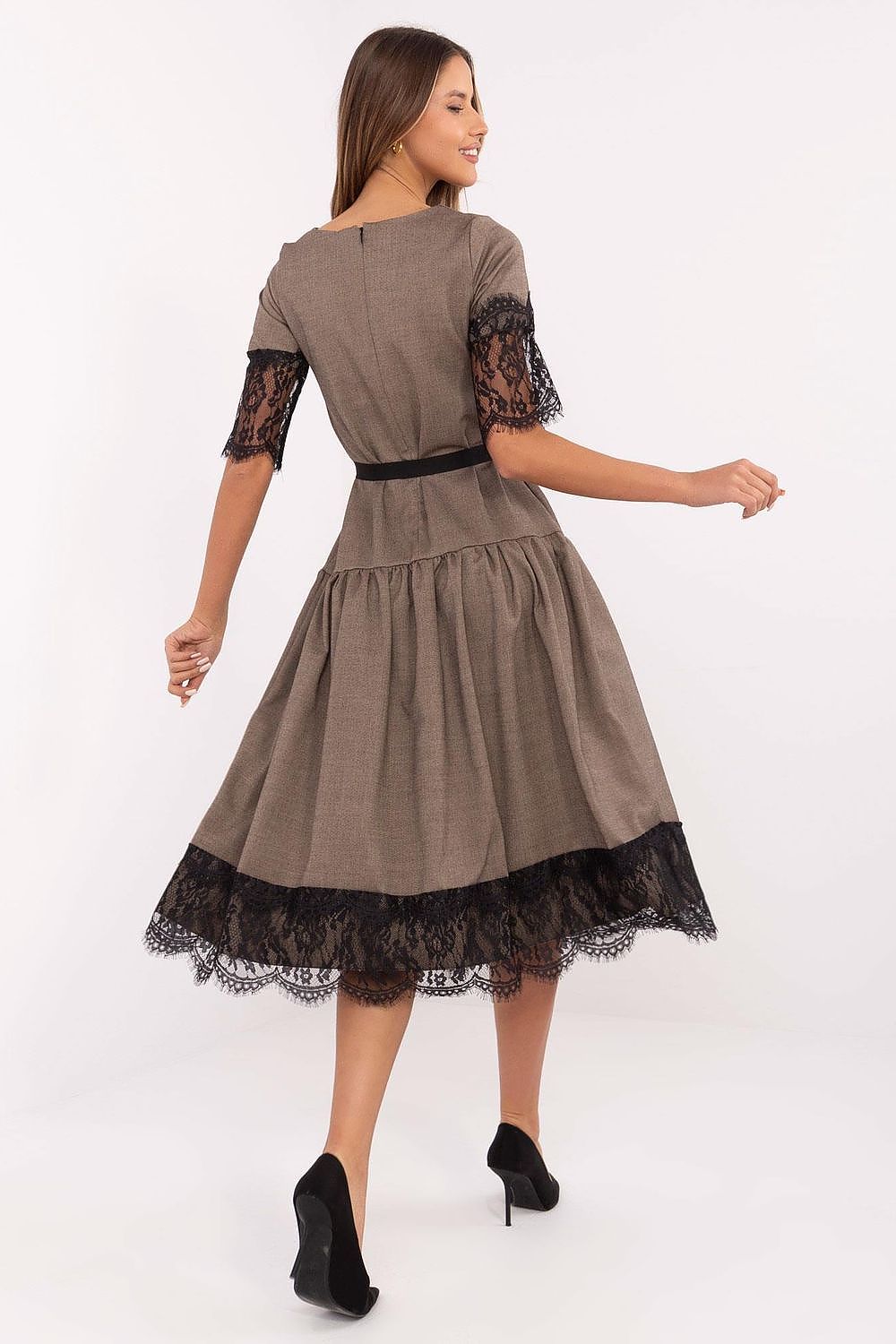 Elegant wool cocktail dress by Lakerta featuring lace sleeves, a flared midi length, and a stylish round neckline. Available in sizes EU 36-42, perfect for formal events and sophisticated occasions.