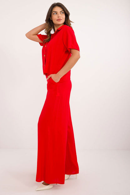 Elegant Viscose Set by Lakerta featuring high waist trousers and a classic cut shirt for a luxurious casual style.