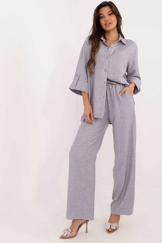 Elegant cotton and polyester women's set by Lakerta featuring a stylish buttoned collar shirt with 3/4 sleeves, perfect for a luxurious casual look.