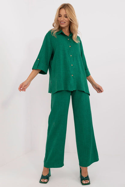 Elegant women's set by Lakerta featuring a stylish 3/4 sleeve buttoned shirt made from high-quality cotton and polyester blend.