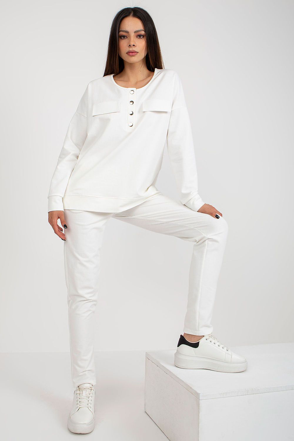 Close-up of Lakerta's luxury cotton blend tracksuit set for women, showcasing the elegant fabric and minimalist design details.