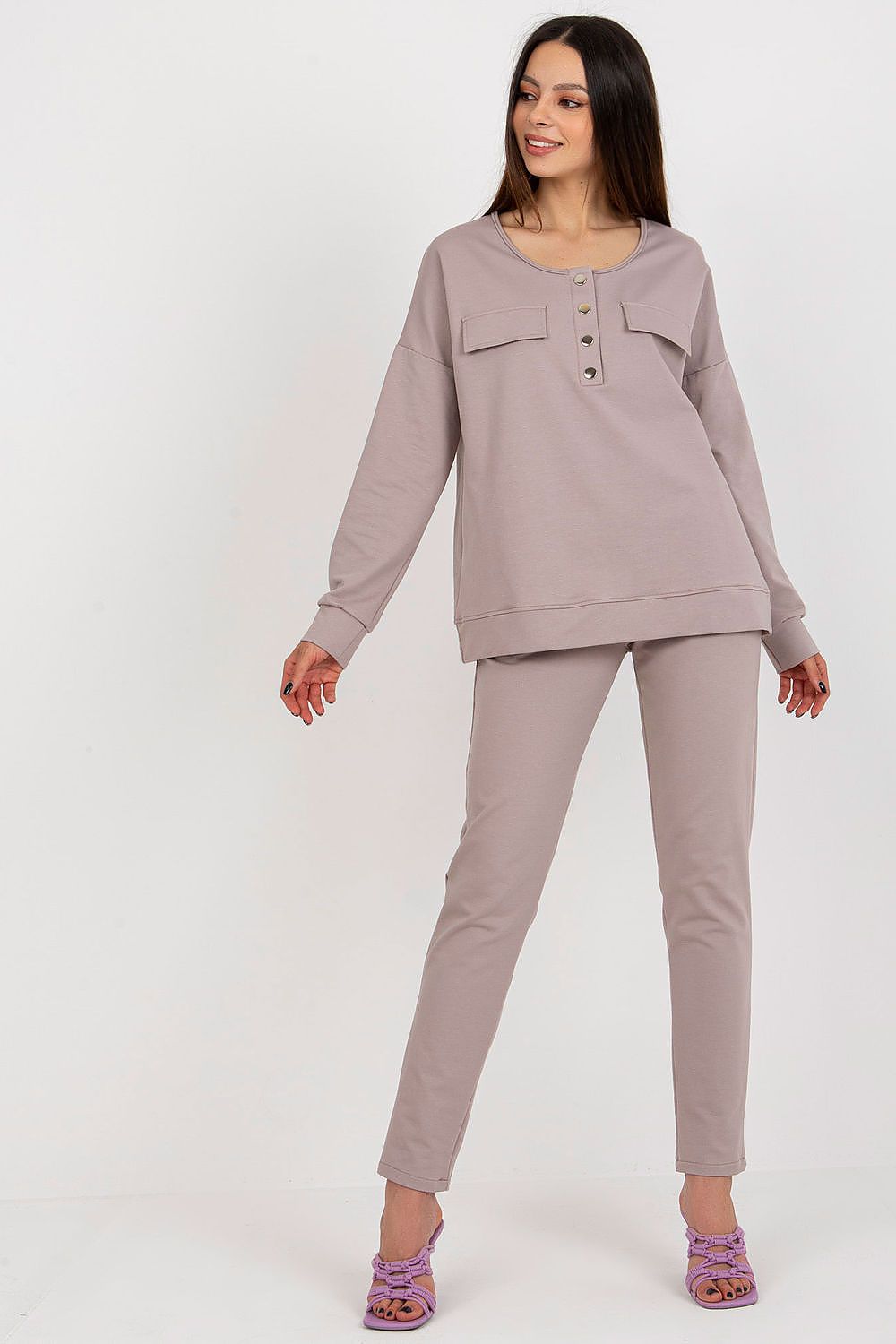Luxury modern tracksuit set for women by Lakerta, featuring a classic-cut sweatshirt with snap fastening and high-waisted straight leg pants, made from a soft cotton blend for ultimate comfort.