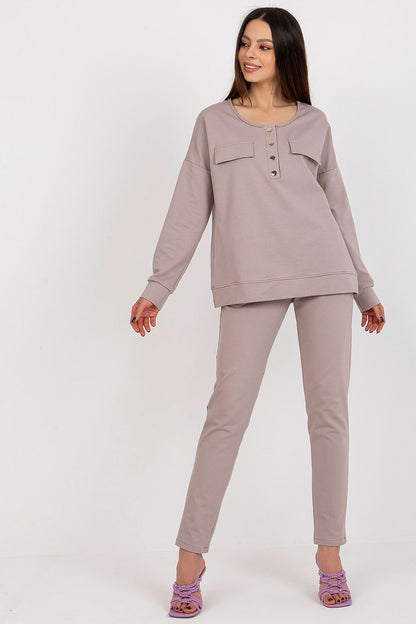 Luxury modern tracksuit set for women by Lakerta, featuring a classic-cut sweatshirt with snap fastening and high-waisted straight leg pants, made from a soft cotton blend for ultimate comfort.