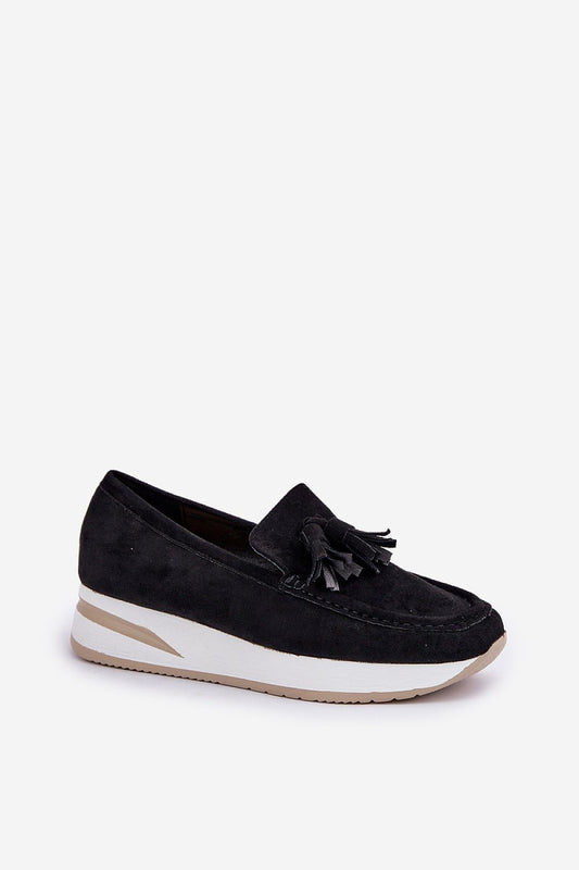 Chic and luxurious Women's Eco Suede Moccasins by Step in Style, showcasing decorative fringes and a lightweight platform for all-day comfort.