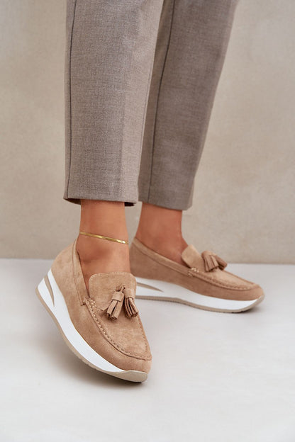 Luxury women's eco-suede moccasins with wedge heels by Step in Style, featuring decorative fringes for an elegant look and available in EU sizes 36-41.