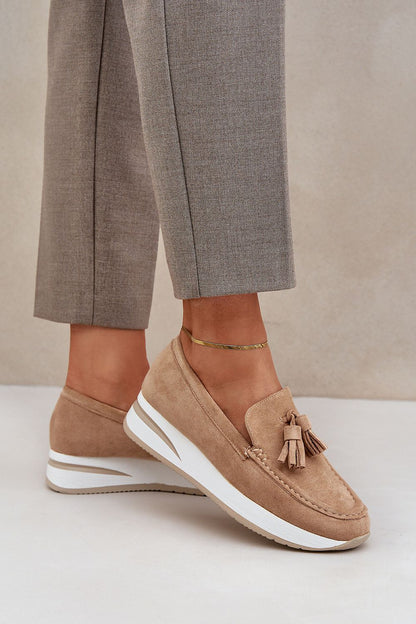 Luxury women's eco-suede moccasins with wedge heels by Step in Style, featuring stylish fringes and available in sizes EU 36-41 for ultimate comfort.