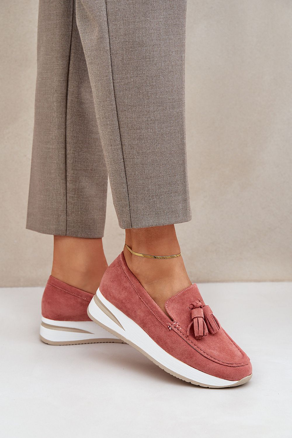Elegant luxury women's eco-suede moccasins with fringes and a wedge heel by Step in Style, perfect for stylish everyday wear in sizes EU 36-41.