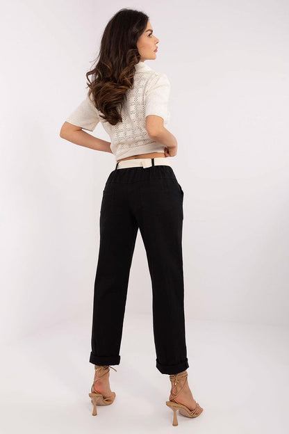 Luxurious polyester and viscose blend trousers by Italy Moda, showcasing a timeless silhouette with side slip pockets and a fastening fabric belt for the ideal fit.