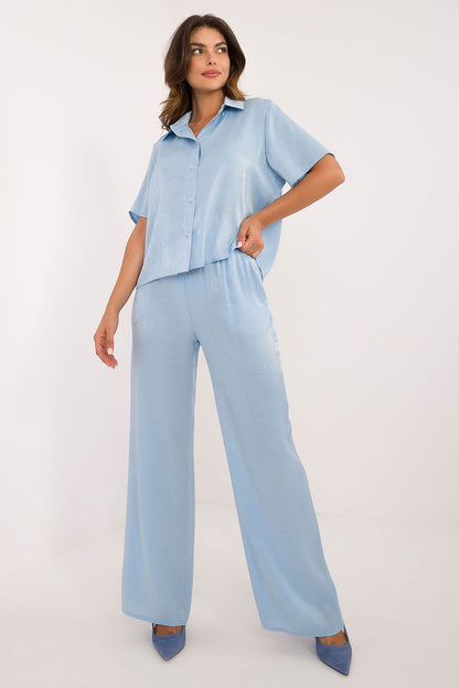 Elegant women's cotton-blend set by Lakerta featuring a waist tie, classic collar, and high-waisted wide leg pants, perfect for sophisticated daily styling.