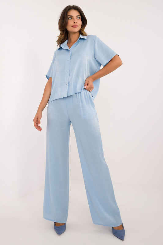 Elegant women's cotton-blend set by Lakerta featuring a waist tie, classic collar, and high-waisted wide leg pants, perfect for sophisticated daily styling.
