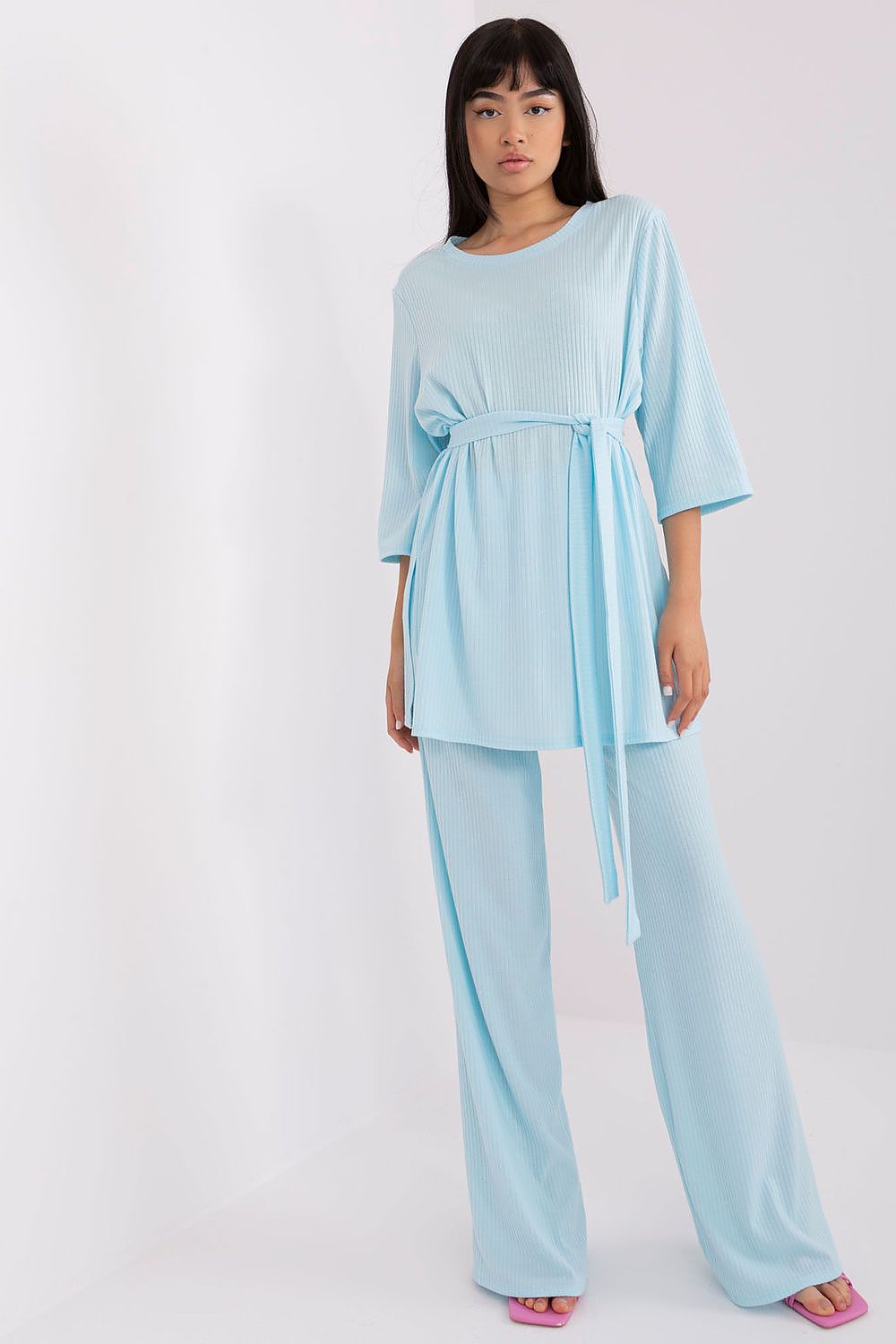 Lakerta Women's Ribbed Set in Elegant Design featuring a 3/4 Sleeve Blouse and High-Waisted Wide Pants with Belt, perfect for sophisticated casual wear.