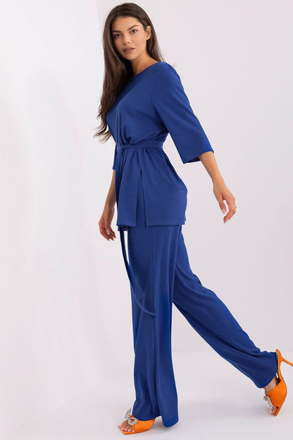 Fashion details of Lakerta Women's Ribbed Set, featuring a classic tie belt and functional side slip pockets for added elegance and practicality.