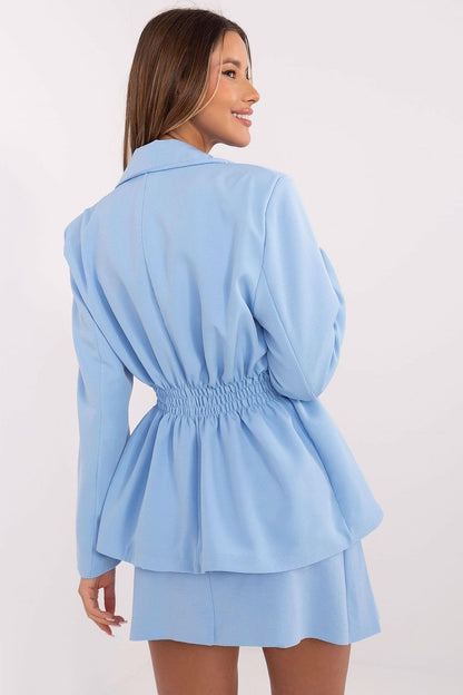 Full view of Italy Moda sophisticated blazer on a model, highlighting the luxurious polyester fabric and flattering silhouette.