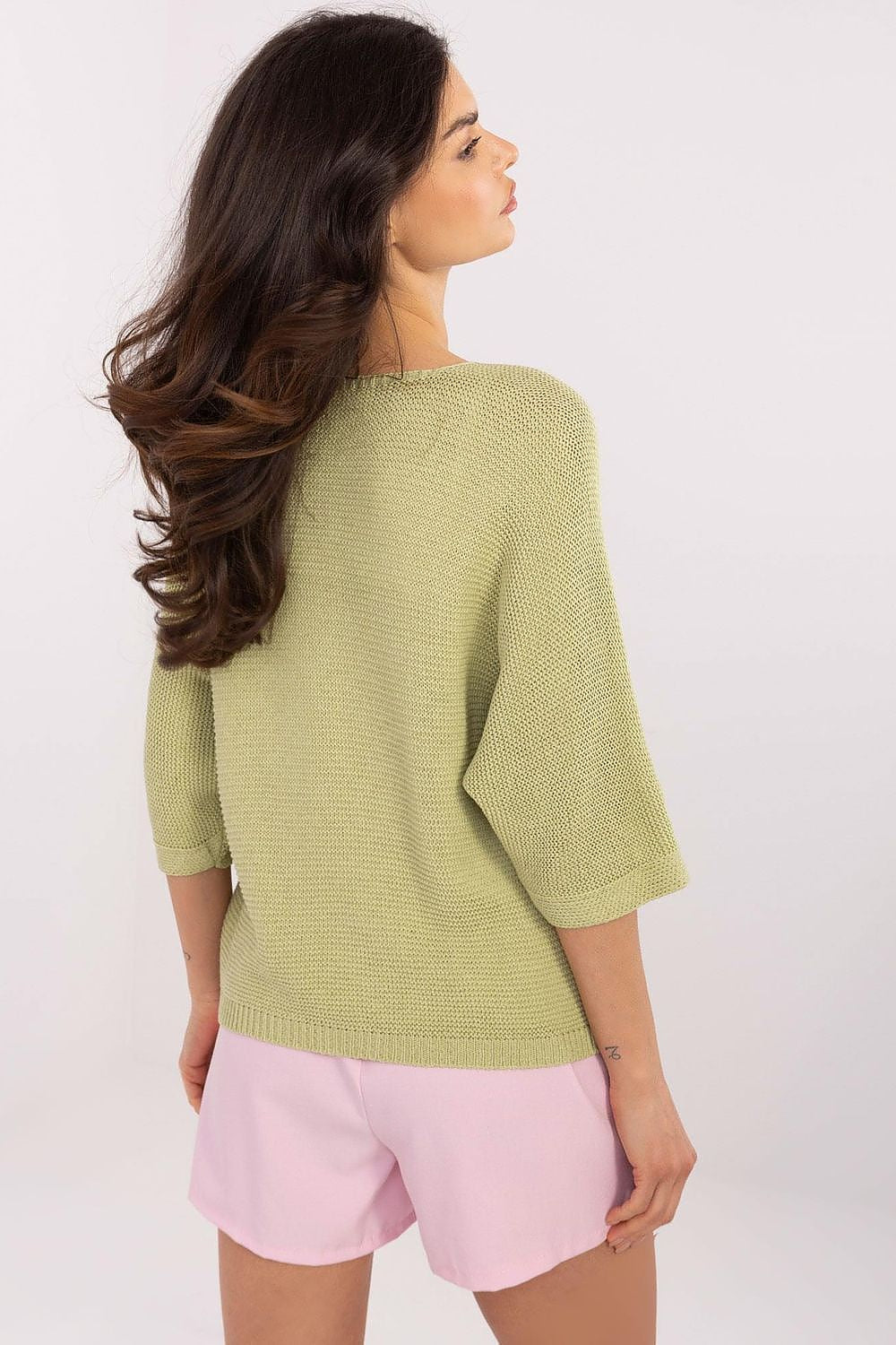 Back view of the Italy Moda women's casual sweater featuring 3/4 sleeves and a flattering fit, ideal for day-to-day elegance and comfort.