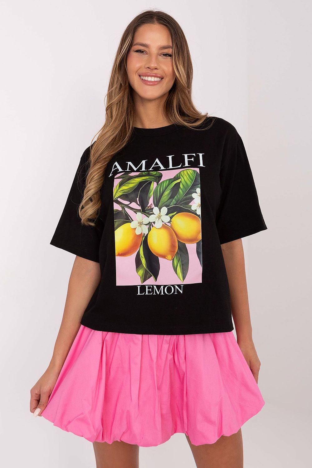 Italy Moda luxury women's casual t-shirt featuring a striking print, made from high-quality cotton and elastane blend, designed for perfect fit and comfort.
