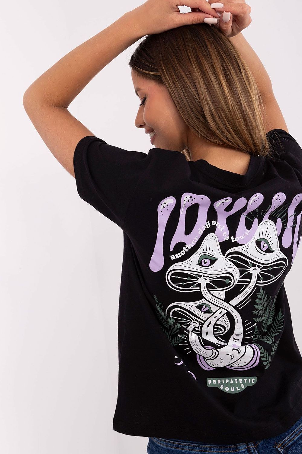 Detailed close-up of the slogan print on the Sublevel Women's Classic Cotton T-Shirt, enhancing its fashionable appeal for modern women.