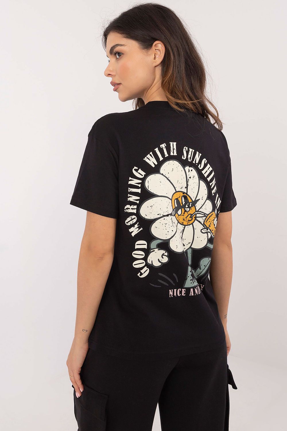 Elegant back view of Sublevel's luxury women's cotton t-shirt with decorative print for a chic touch.