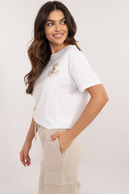 Elegant women's cotton t-shirt from Sublevel with stylish print on the back, embodying luxury and comfort for daily outfits.