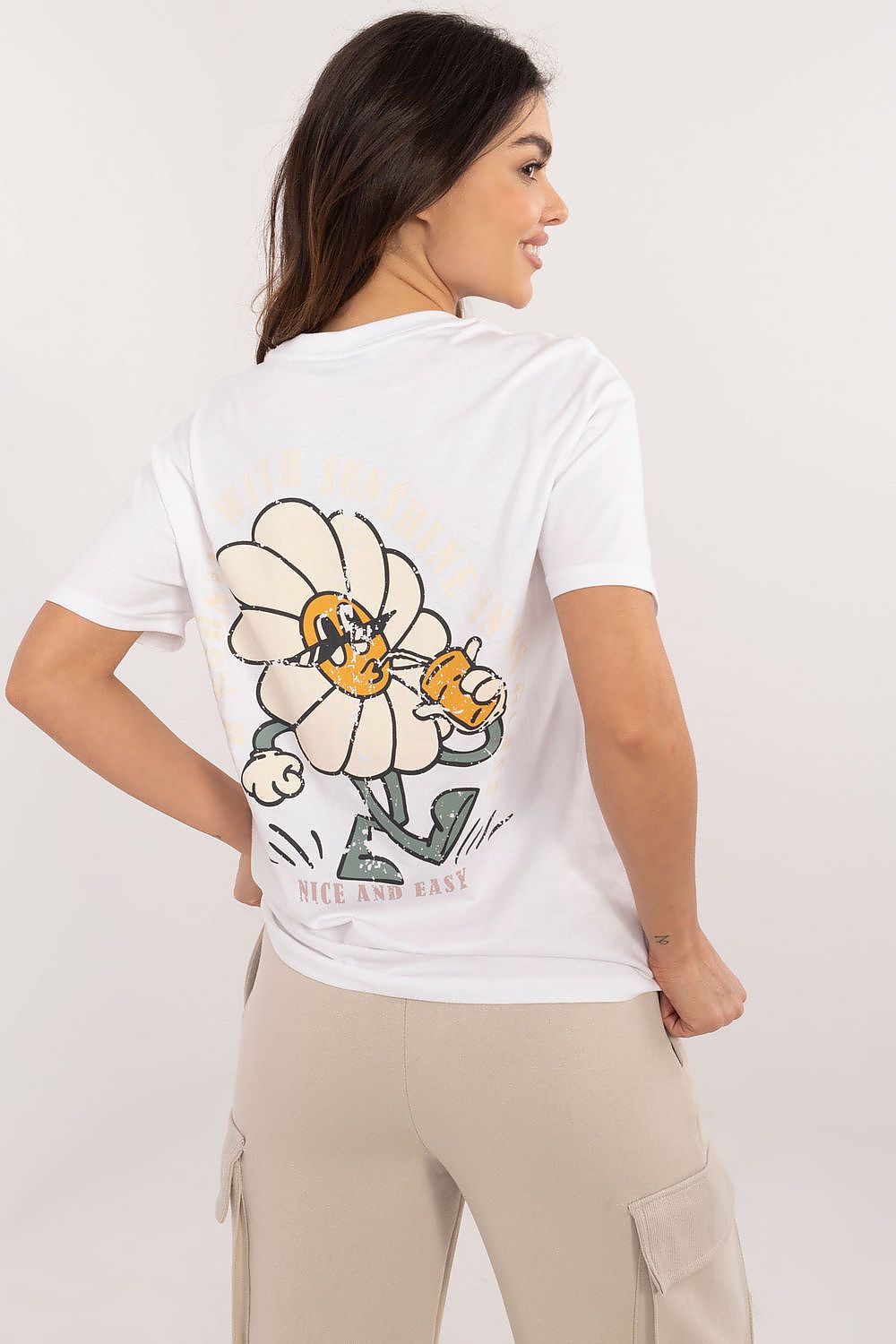 Minimalist printed luxury t-shirt by Sublevel, designed for women seeking both style and comfort, available in multiple sizes.