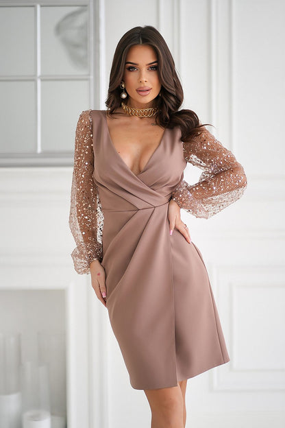 Elegant Bicotone evening dress showcasing sequin sleeves and a sweetheart neckline, perfect for special occasions.