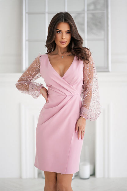 Elegant Bicotone evening dress featuring exquisite sequin sleeves and a delicate sweetheart neckline, perfect for formal occasions.