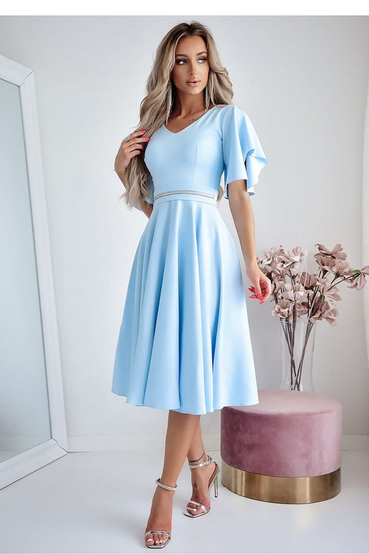 Elegant blue cocktail dress with V-neckline and ruffled sleeves from With You, showcasing perfect silhouette fit for special occasions.