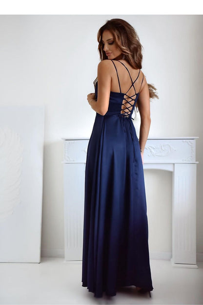 Sophisticated long dress designed by With You, featuring a side slit and delicate thin straps.