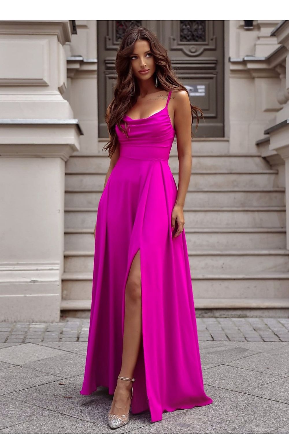 Luxury long dress with a stunning water neckline and concealed zipper, crafted by With You.