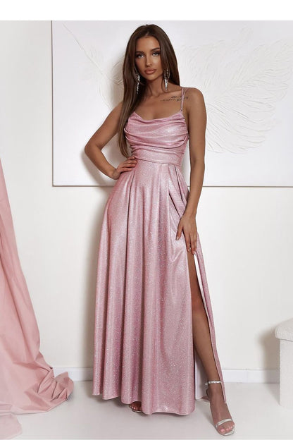 Elegant long dress with slit and braided tie by With You, showcasing a sleek silhouette and sophisticated design, perfect for special occasions.